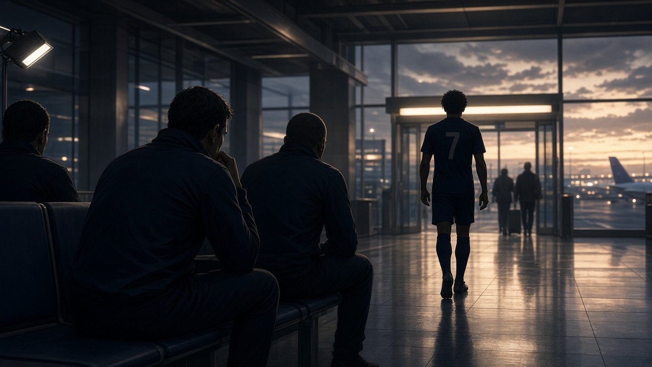 Editorial comic of player walking from substitutes bench to airport