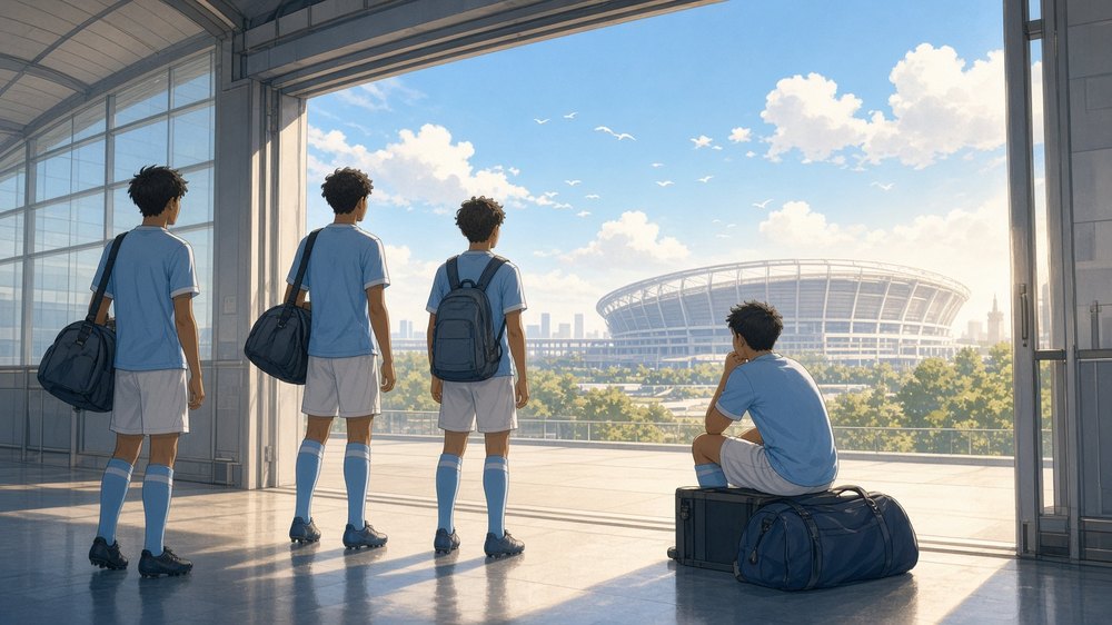 Bright editorial comic of young players pausing at airport toward England