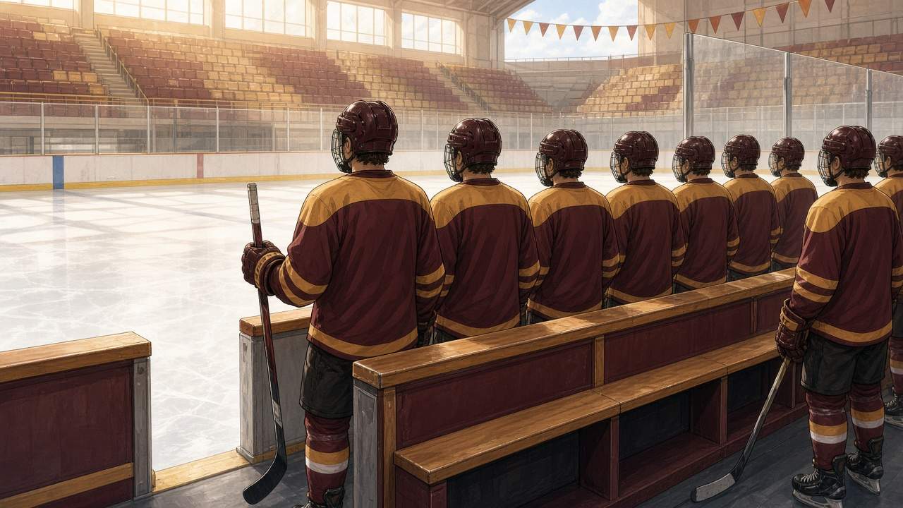 Bright editorial comic of college hockey team unity