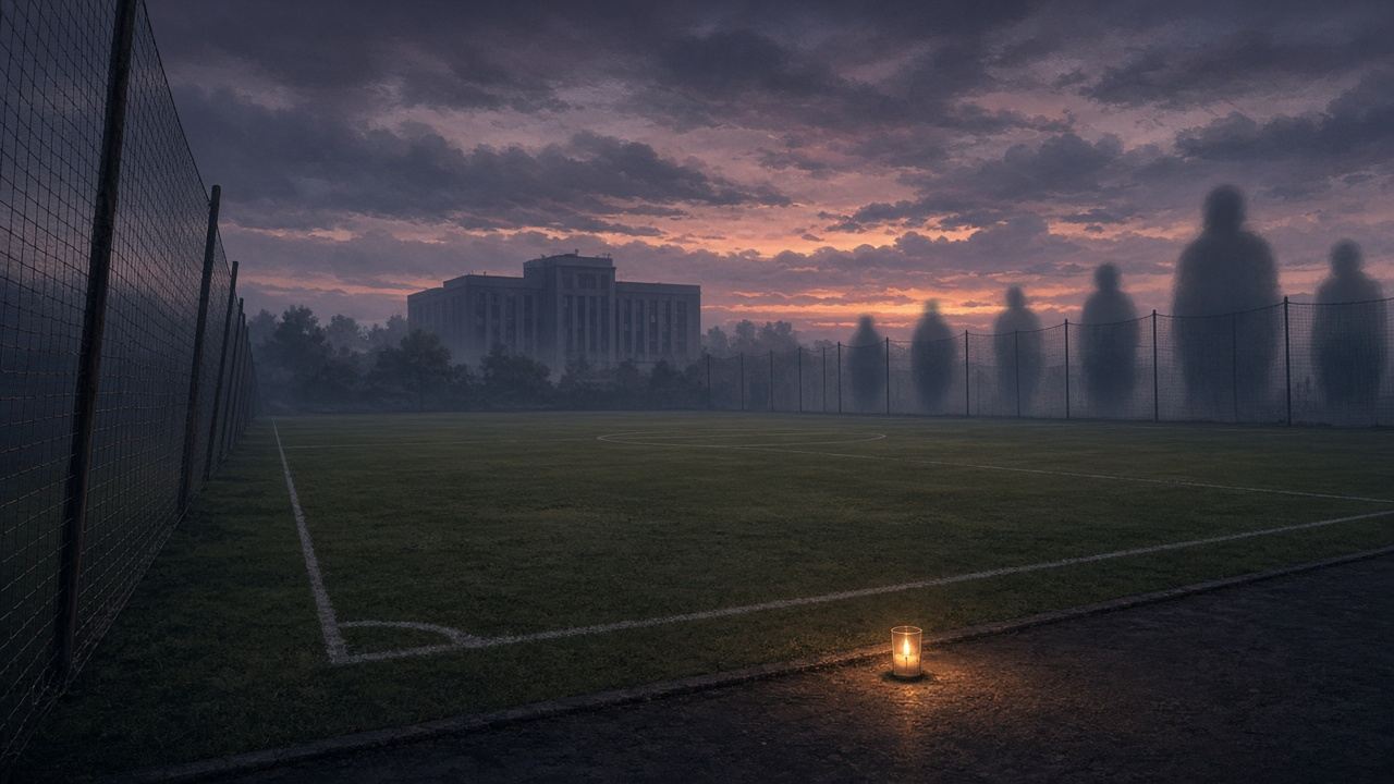Editorial comic solemn empty pitch memorial candle safety