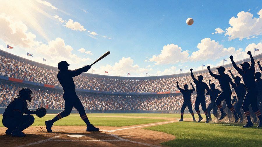 Bright editorial comic of redemptive home-run celebration