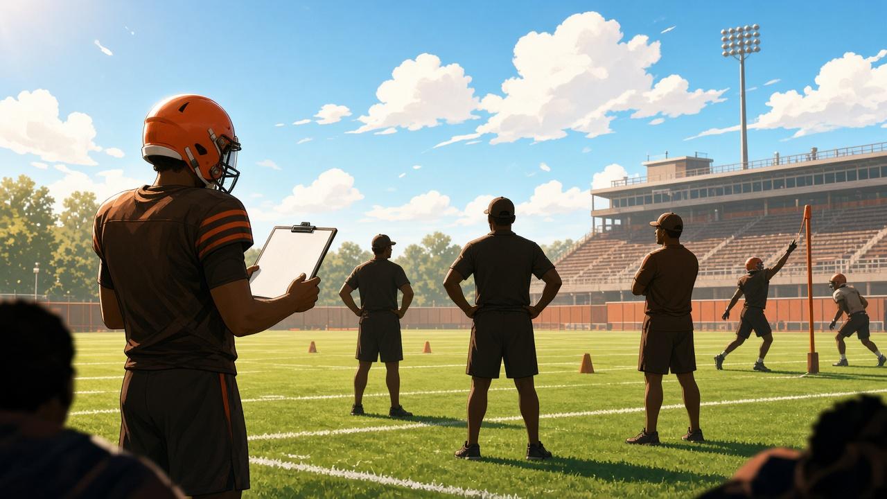 Bright editorial comic of Browns practice field review