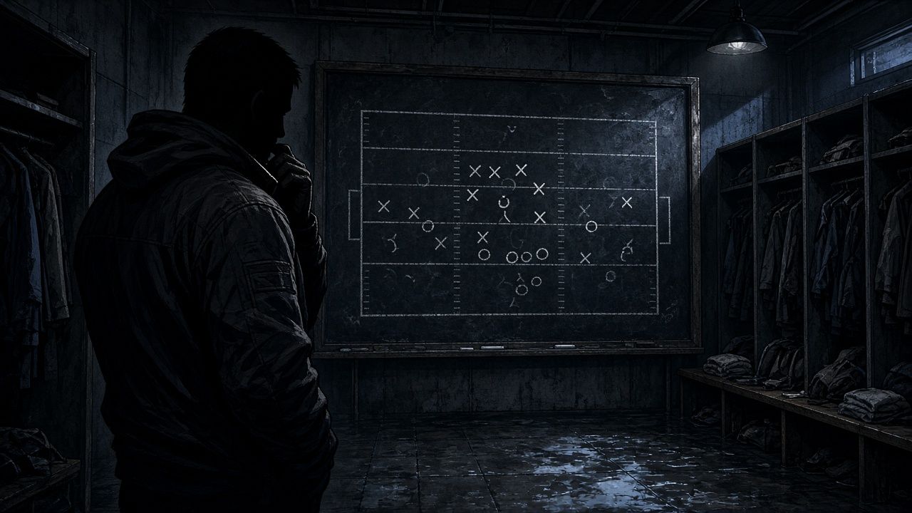 Editorial comic of coach reviewing chalkboard after loss