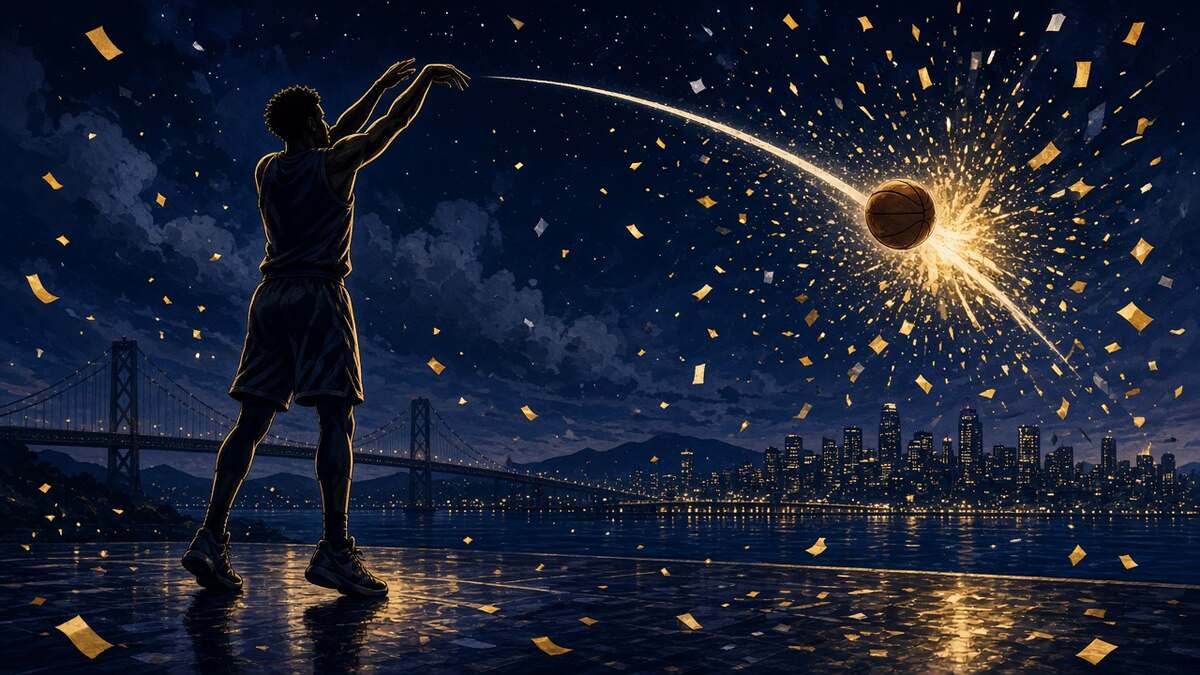 Editorial comic of sharpshooter under Bay Area lights