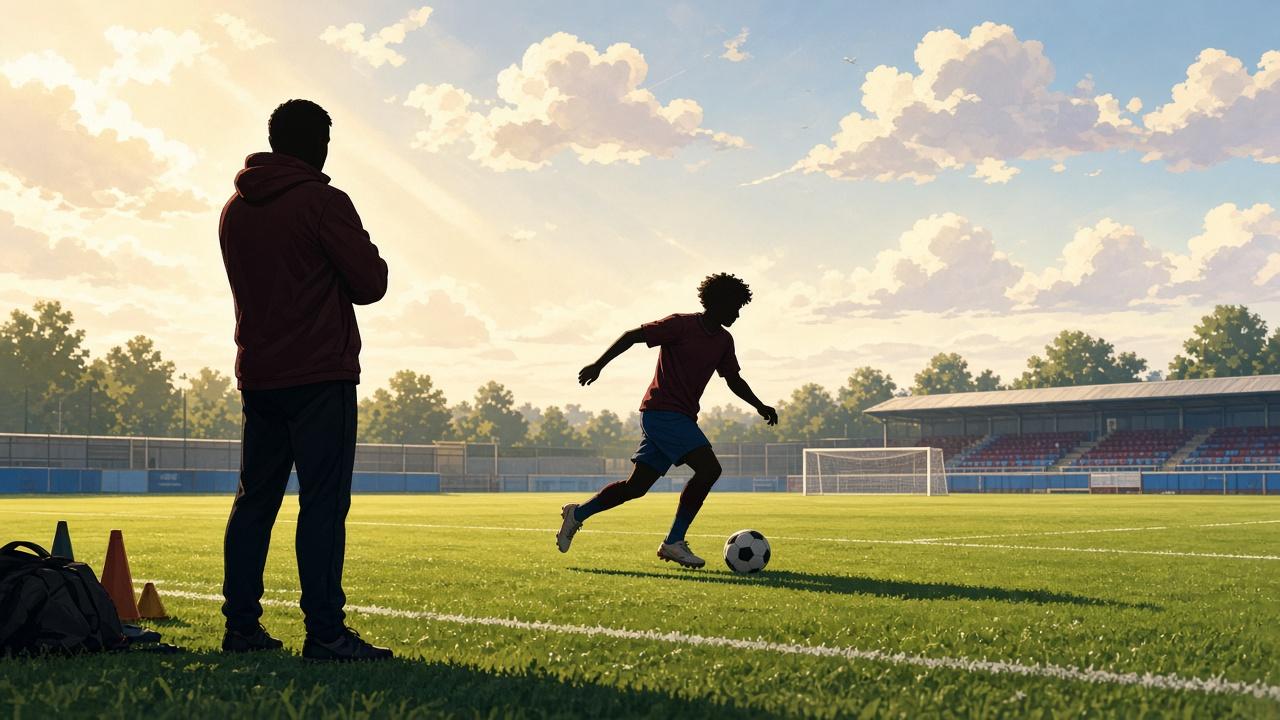 Bright editorial comic of young winger winning over coach