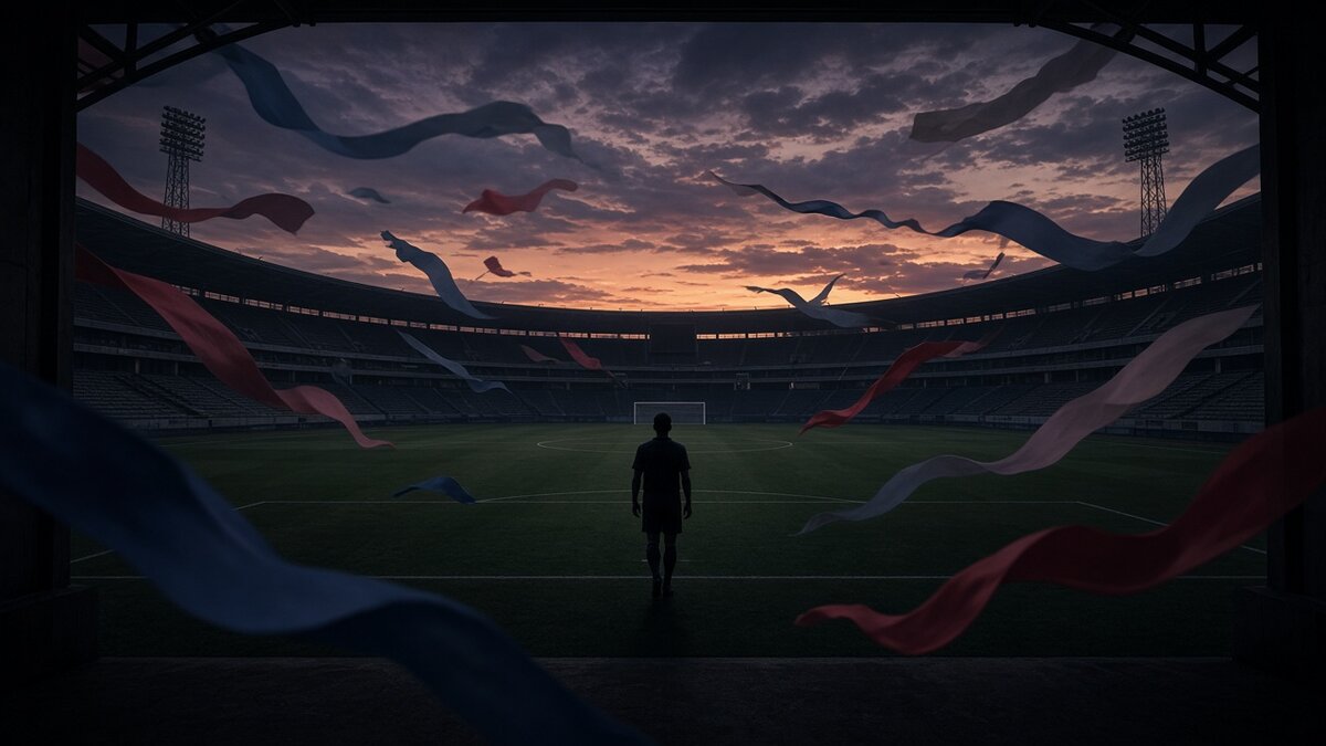 Editorial comic of solitary footballer leaving empty stadium