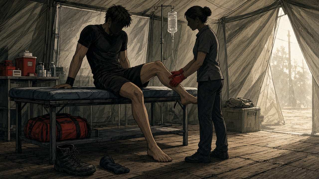 Editorial comic of striker in medical tent sidelined
