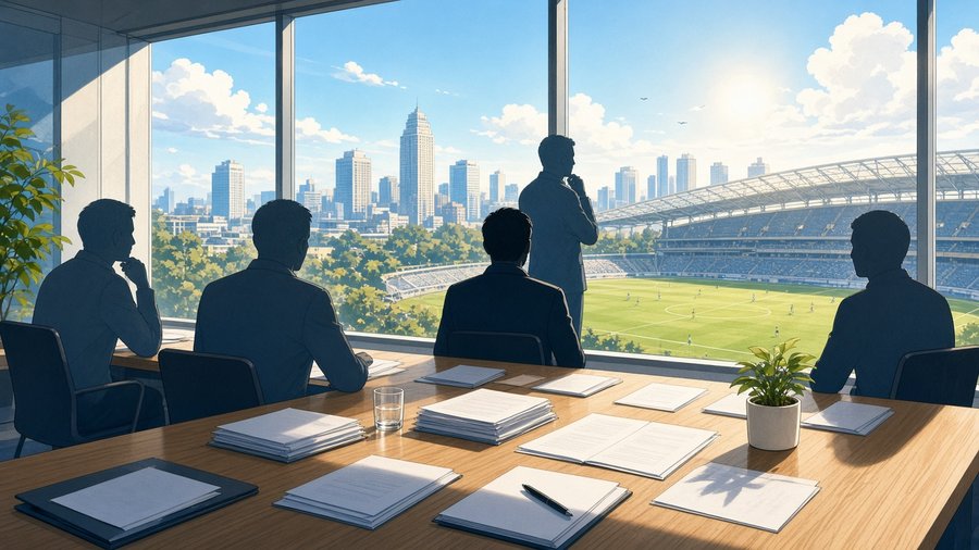 Bright editorial comic of football finance investigation metaphor