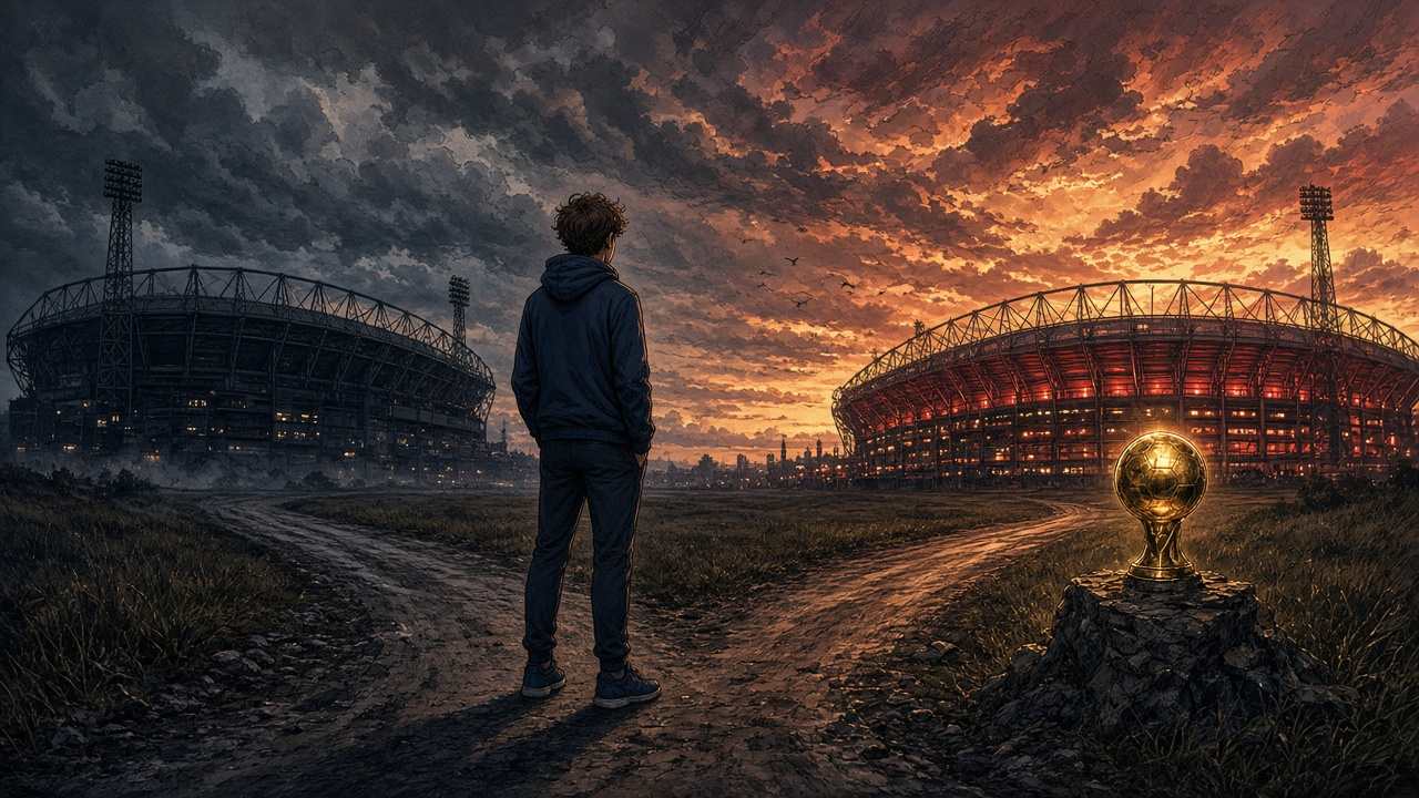 Editorial comic of young footballer at stadium crossroads
