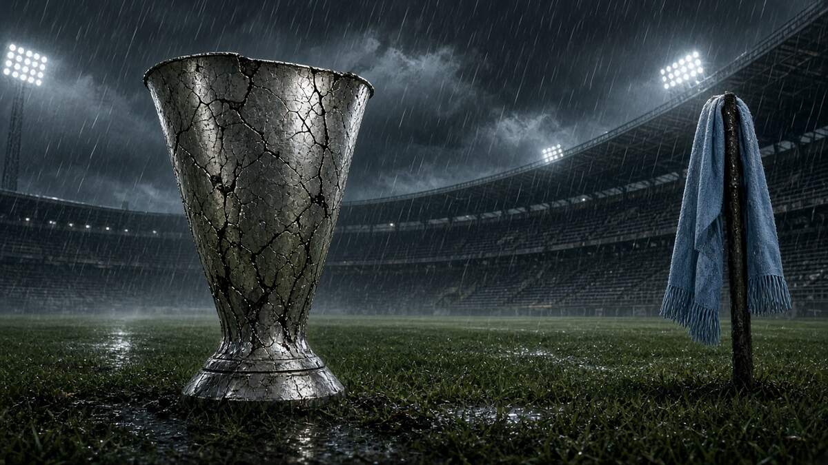 Editorial comic of cracked trophy under rain