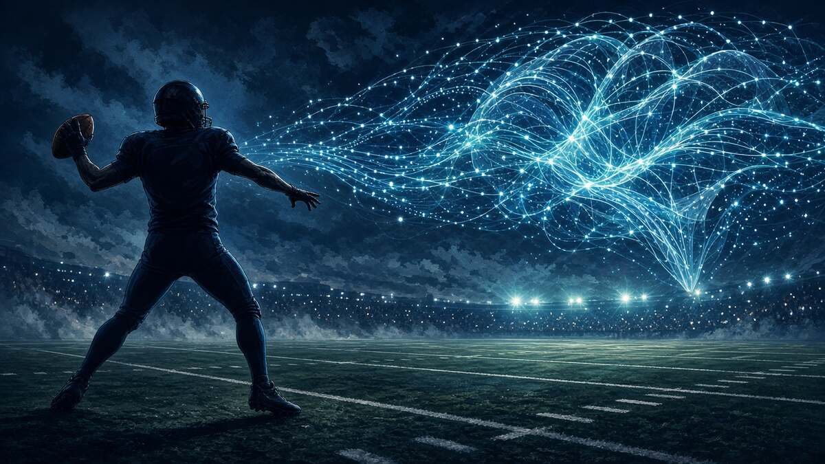 Editorial comic of quarterback with AI neural network