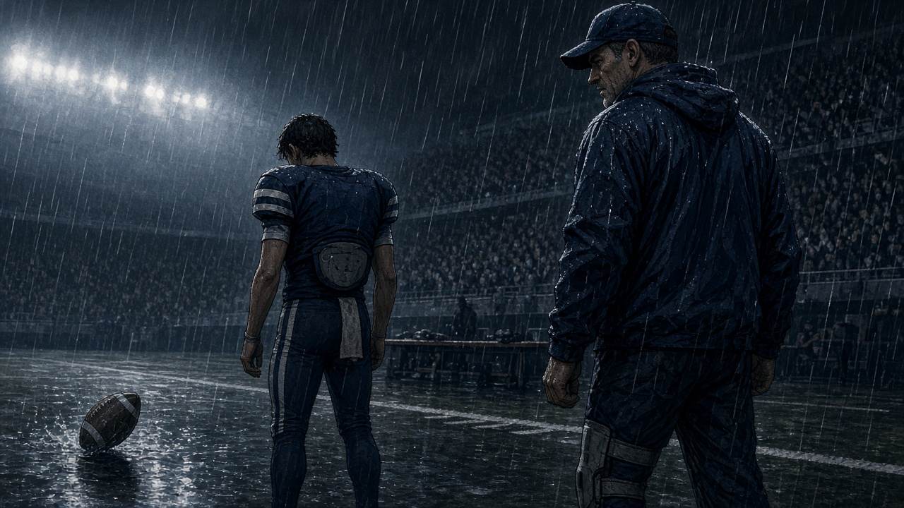 Editorial comic of frustrated Patriots coach and QB