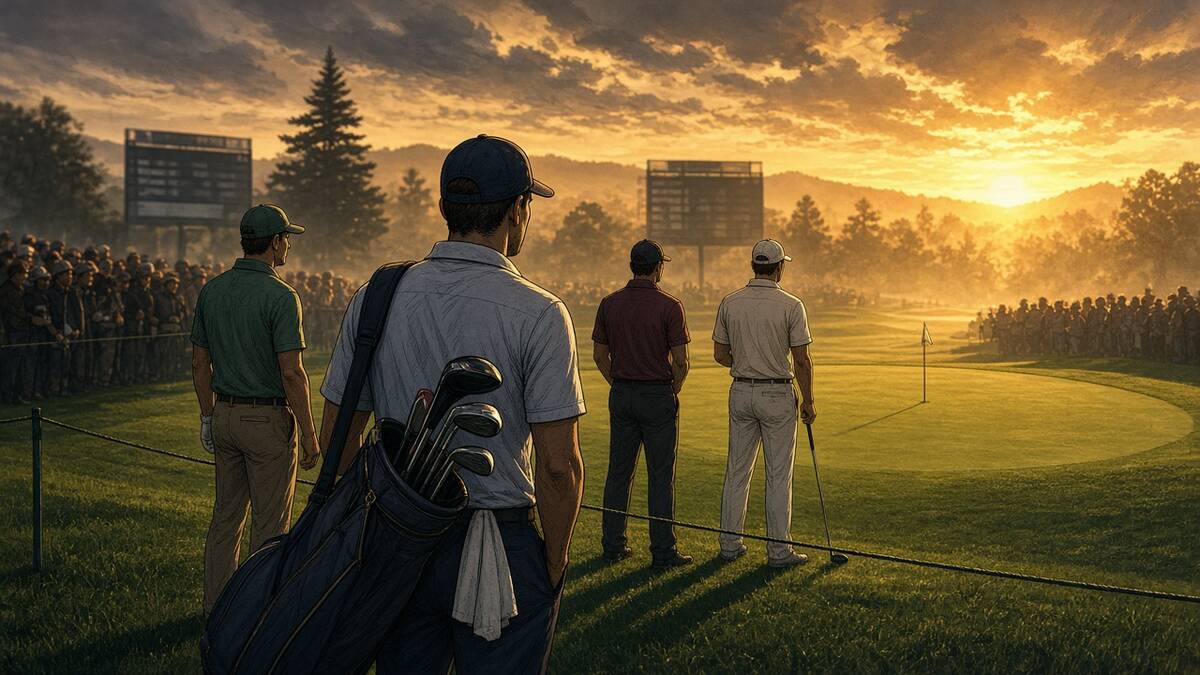 Editorial comic of team golf match play at golden hour