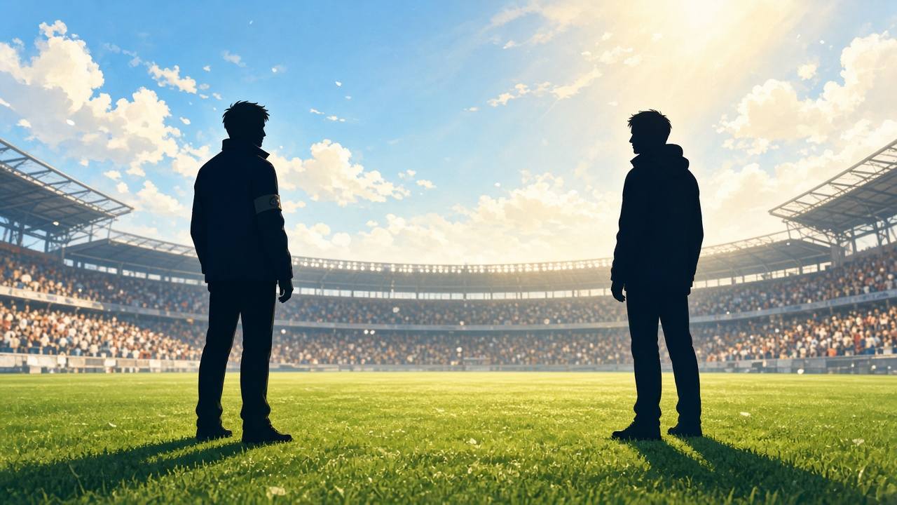 Bright editorial comic of abstract football rivalry without handshake