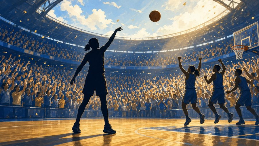 Bright editorial comic of WNBA playoff three-pointer