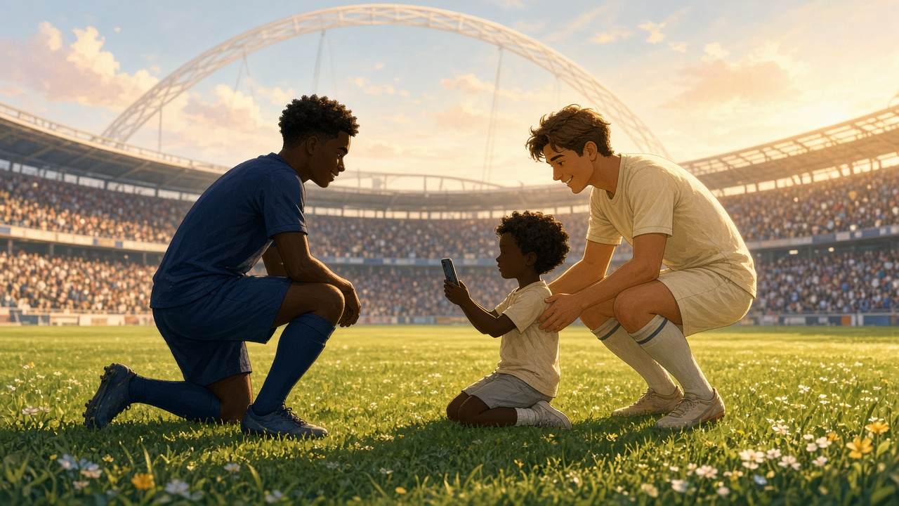 Warm editorial comic of heartwarming pitchside photo moment