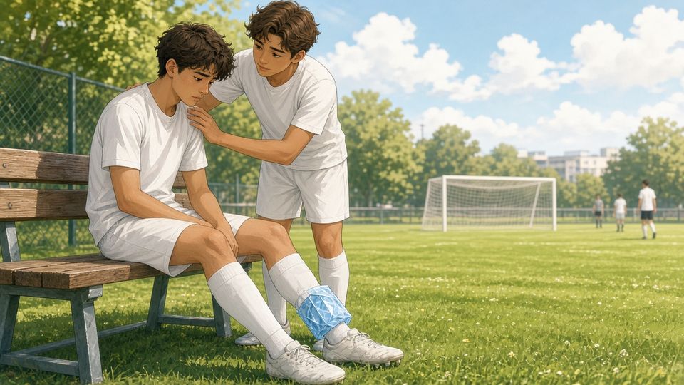 Bright gentle comic of an injured young footballer on a bench comforted by a teammate