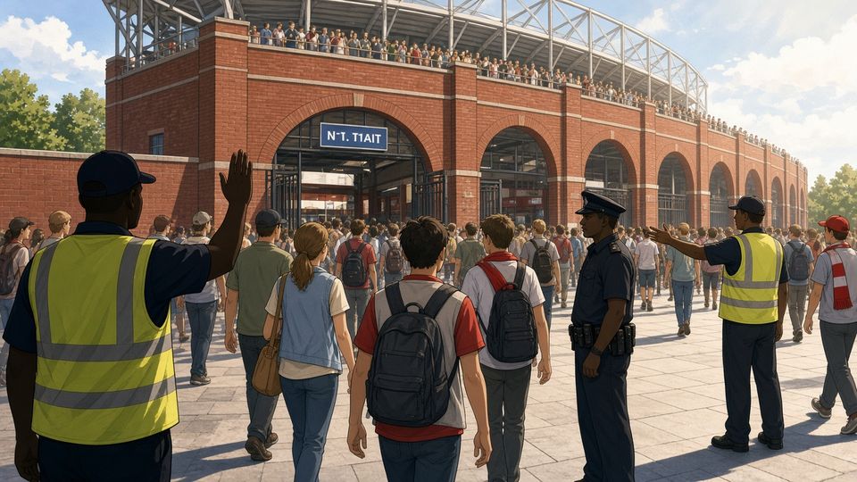 Bright comic of anonymous stewards and a police officer calmly directing fans outside a sunny red-brick stadium