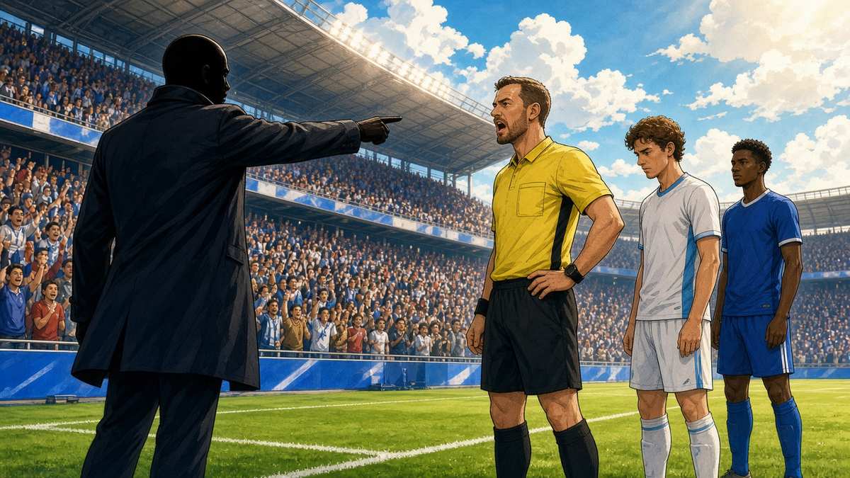 Bright comic of an anonymous manager on a sunny touchline gesturing toward a referee while players wait nearby