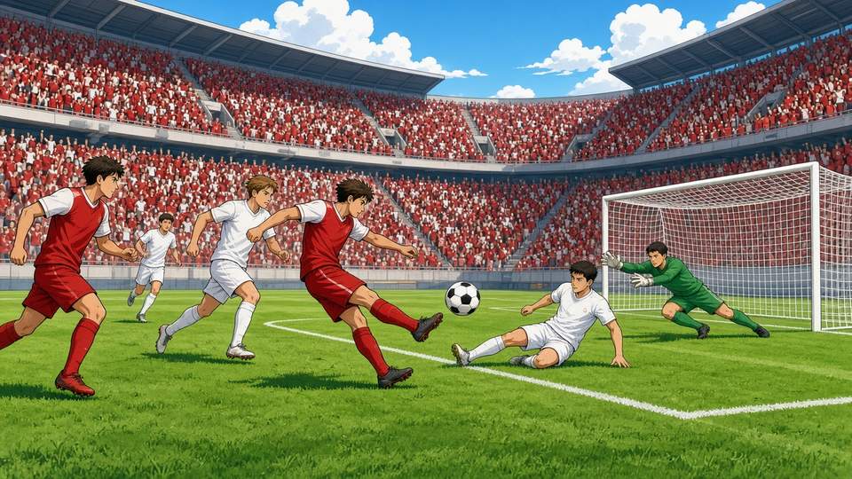 Bright comic of a striker in red and white shooting at goal in a packed sunny stadium