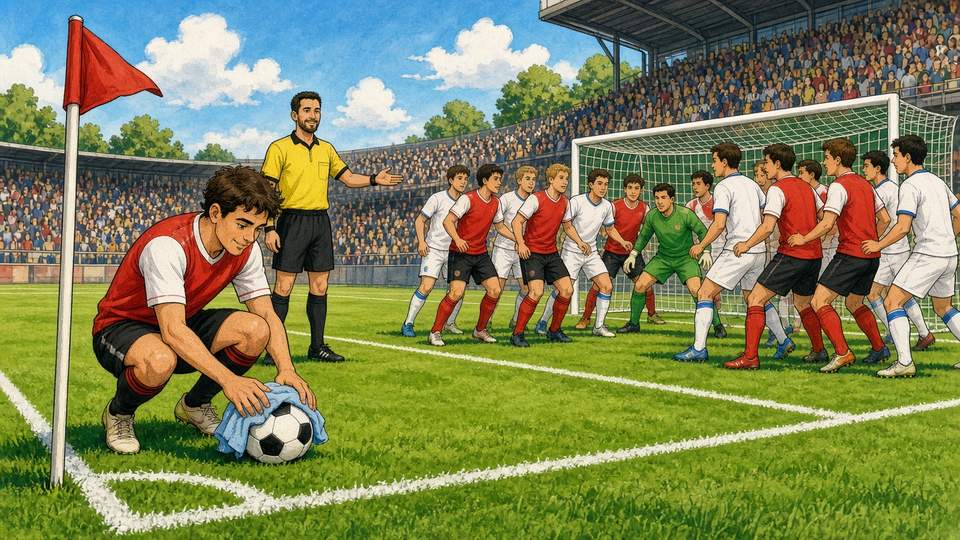 Bright comic of a player drying the ball with a towel at the corner flag while players jostle in the box