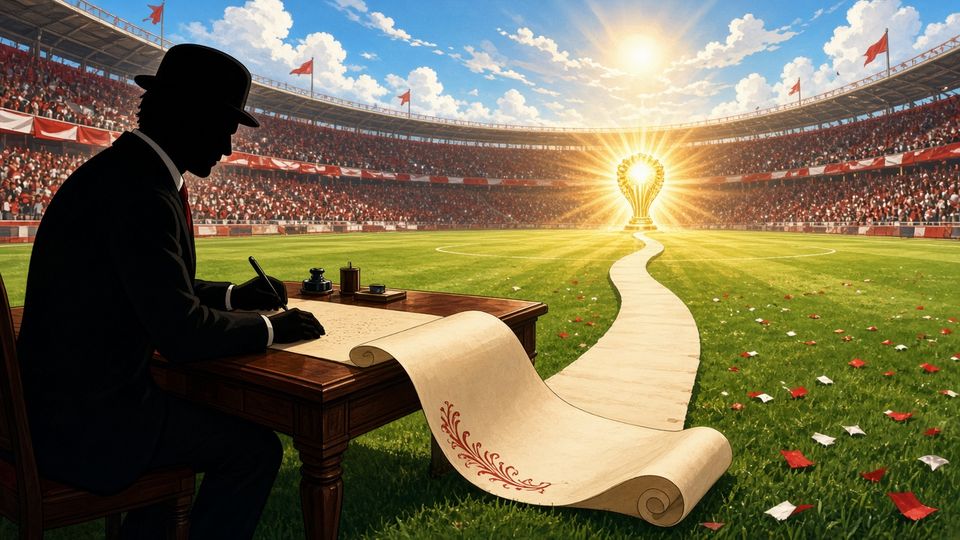 Bright comic of a football manager signing a long contract scroll on a desk in a sunny stadium