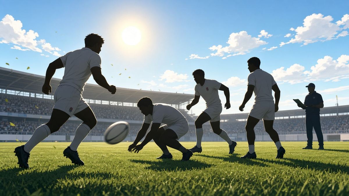 Bright editorial comic of England rugby training ambition