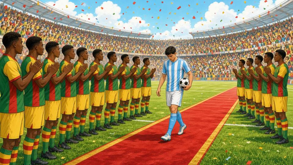 Bright comic of players applauding along a red carpet on a sunny football pitch