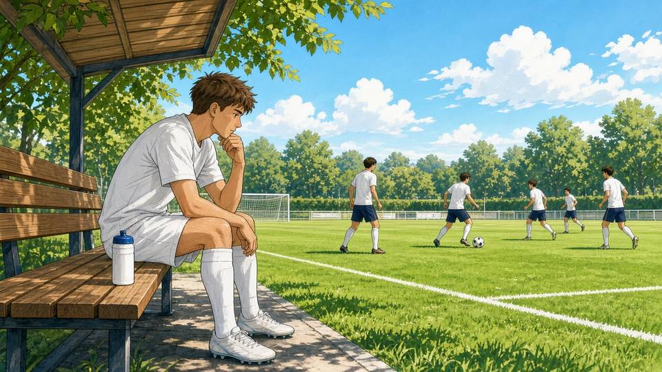 Bright comic of an anonymous midfielder in white sitting on a sunny training bench while teammates practice nearby
