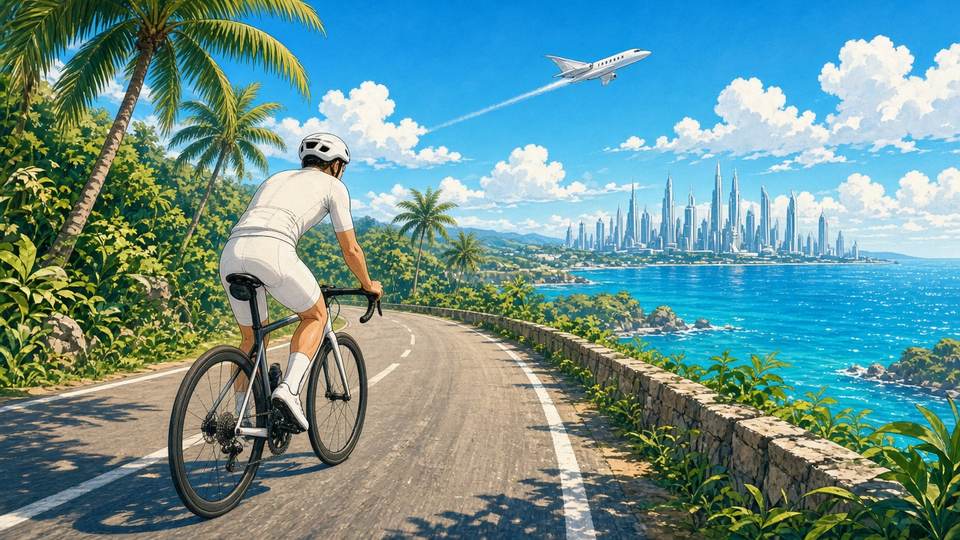 Bright comic of a cyclist on a tropical coastal road as a private jet flies away