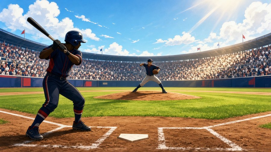 Bright editorial comic of decisive Game 3 baseball duel