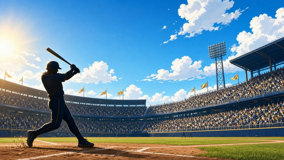 Bright editorial comic of MLB playoff home-run swing under sunny sky