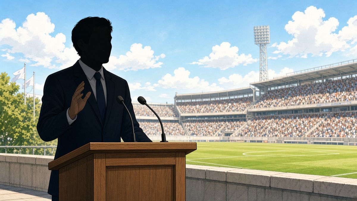 Bright comic of an anonymous official silhouette speaking at a sunny outdoor podium near a distant football stadium
