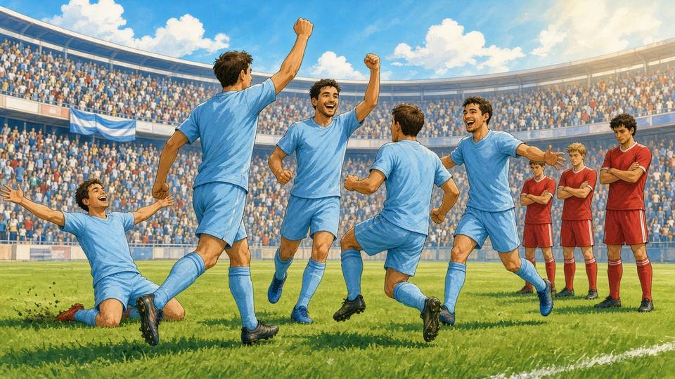 Bright comic of anonymous players in sky-blue celebrating on a sunny pitch while rivals in red look on