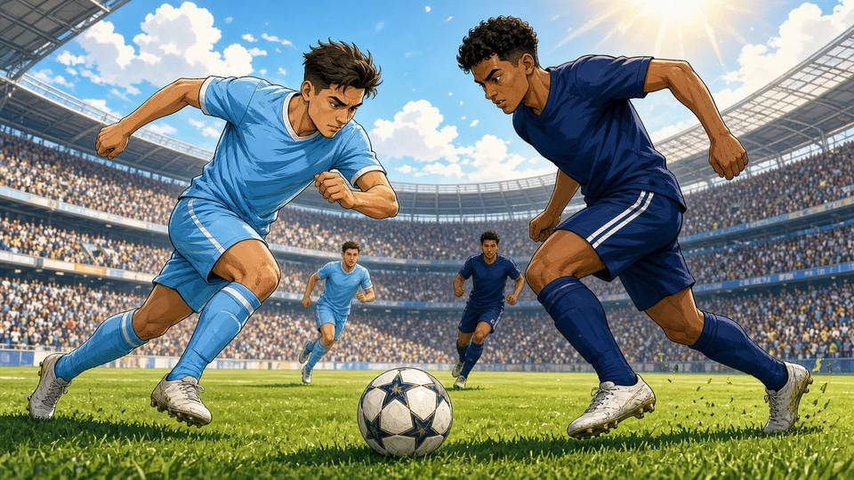 Bright comic of anonymous footballers in sky blue and navy contesting under sunny stadium daylight at a packed ground