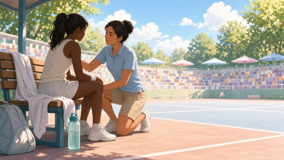 Bright comic of a tennis player resting courtside as a caring trainer kneels beside her