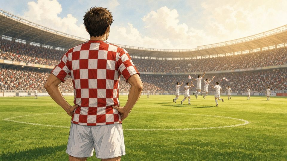 Bright editorial comic of a checkered-kit midfielder watching opponents celebrate