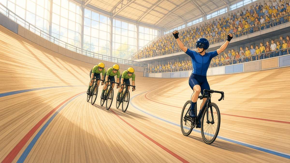 Bright comic of anonymous track cyclists on a sunny velodrome with one rider celebrating alone in warm daylight