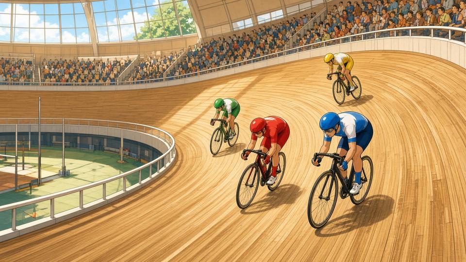 Bright comic of anonymous cyclists on a sunny velodrome track with warm daylight