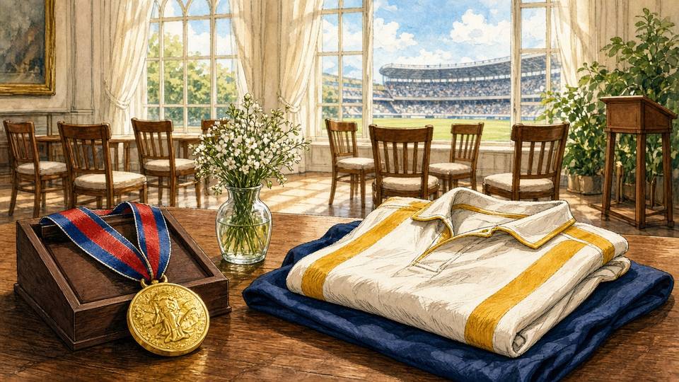 Bright comic of an anonymous rugby medal and memorabilia on a sunny auction table with soft daylight