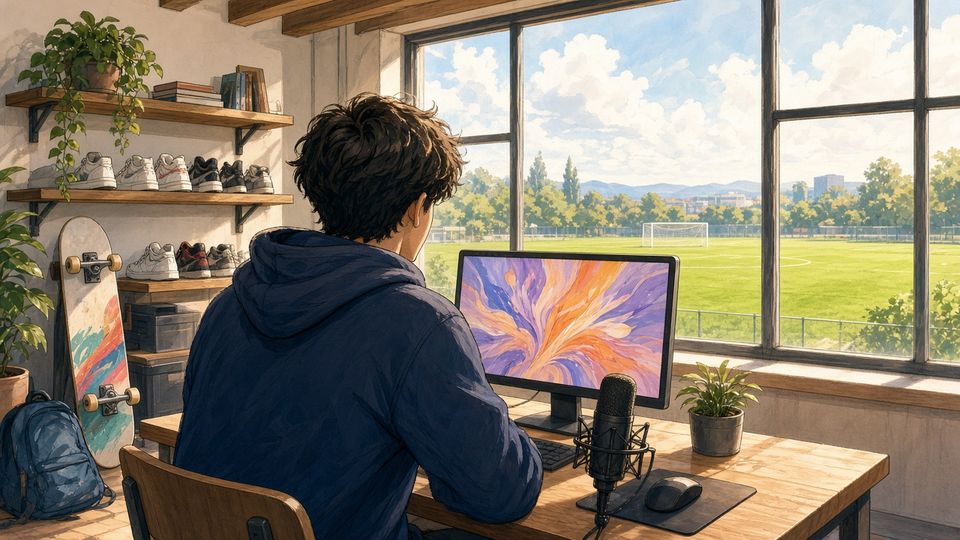 Bright comic of a young man at a streaming desk with sneakers on shelves and a sunny football pitch outside the window