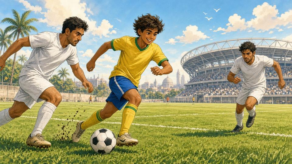 Bright comic of a young anonymous footballer with a big smile on a sunny Brazilian pitch fading toward a London stadium