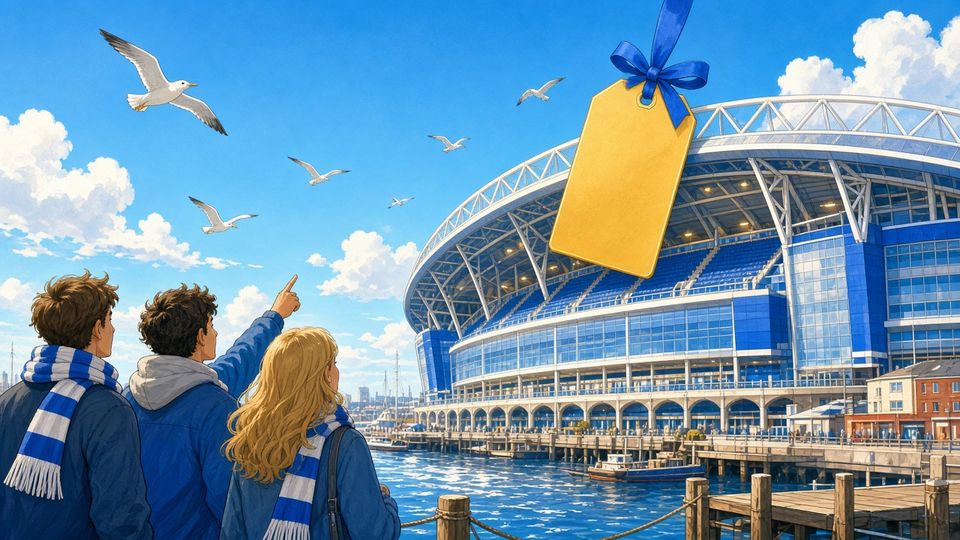 Bright comic of fans in blue scarves pointing at a blank golden tag hanging from a riverside stadium