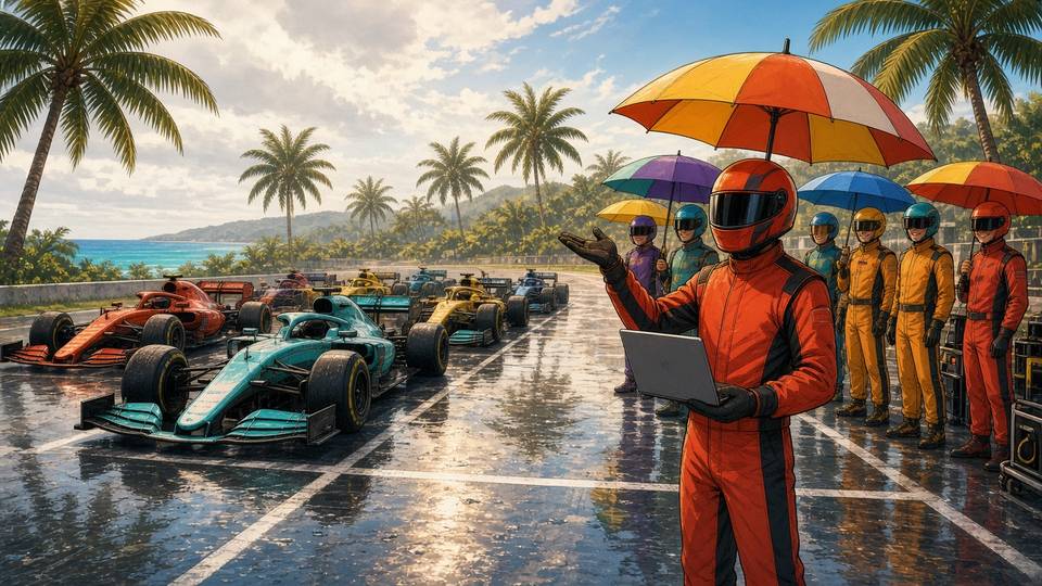 Bright light-hearted comic of F1 cars waiting on a wet grid with umbrella crews