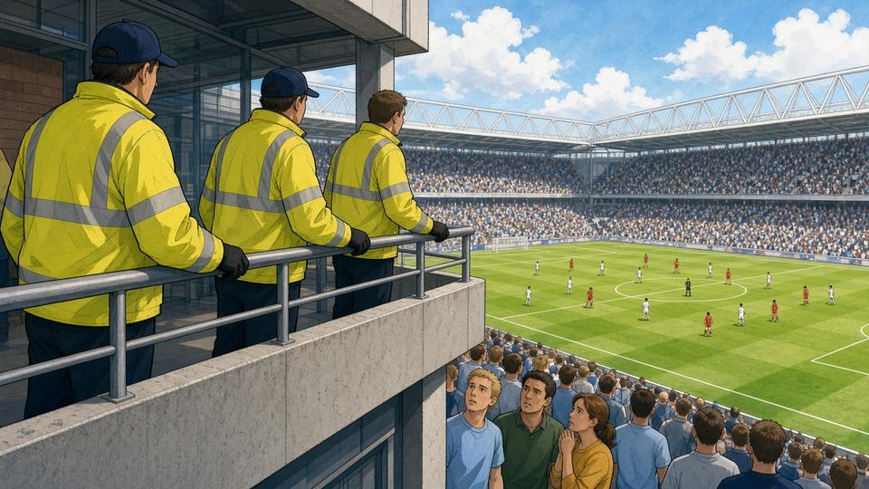 Bright comic of anonymous stewards calmly securing an upper-tier railing at a sunny stadium while fans watch from below