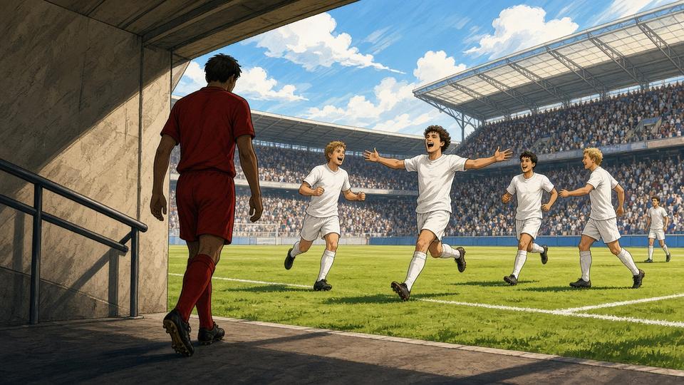 Bright comic of an anonymous captain in red walking toward the tunnel while rivals in white celebrate behind