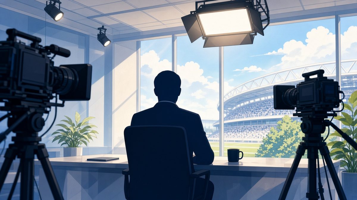 Bright editorial comic of executive TV interview accountability