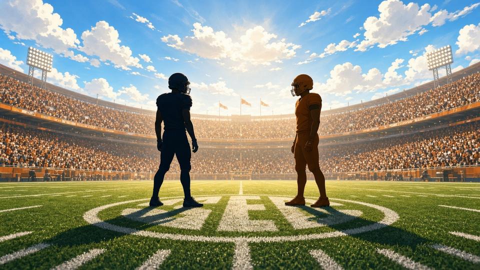 Bright editorial comic of SEC football midfield face-off