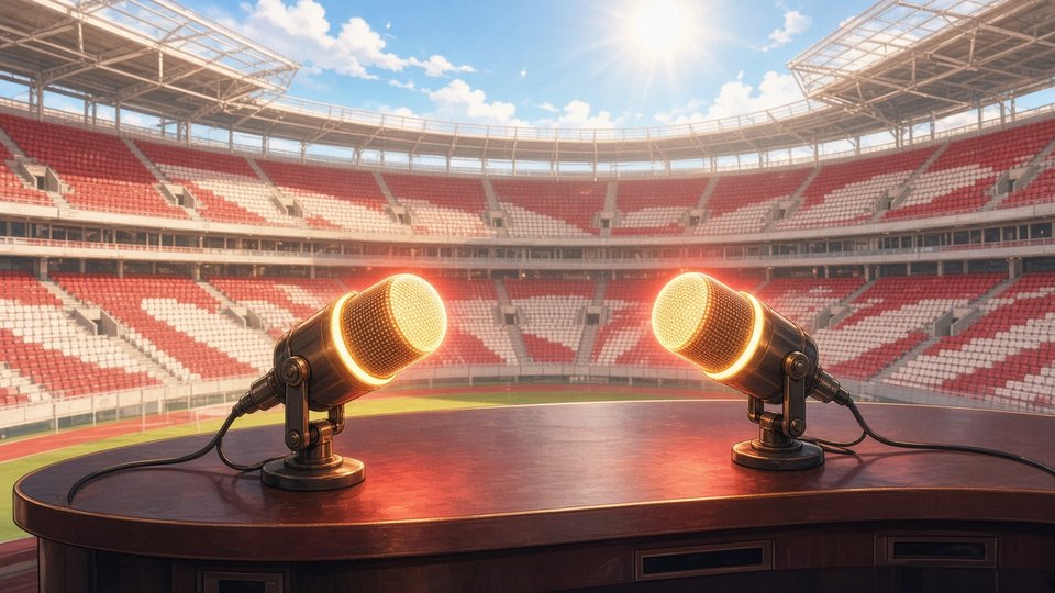 Abstract bright empty stadium press-table microphones metaphor no people