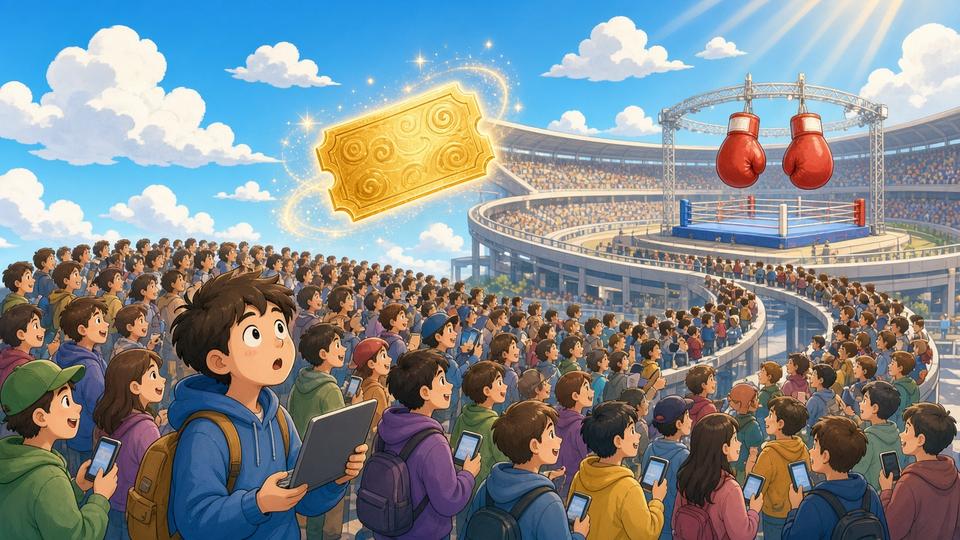 Bright comic of a huge queue of fans with phones staring at a floating golden ticket near a boxing ring